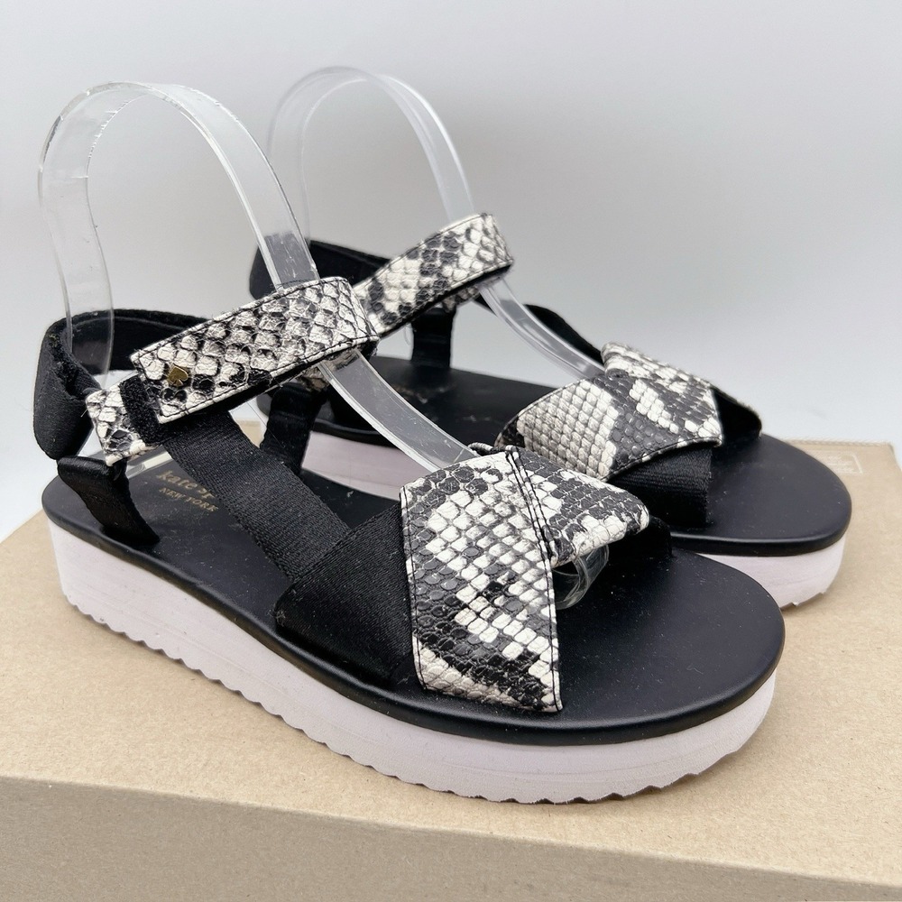 Kate Spade Dotty Platform Embossed Snakeskin Print Sandals Black White 36.5 US 6